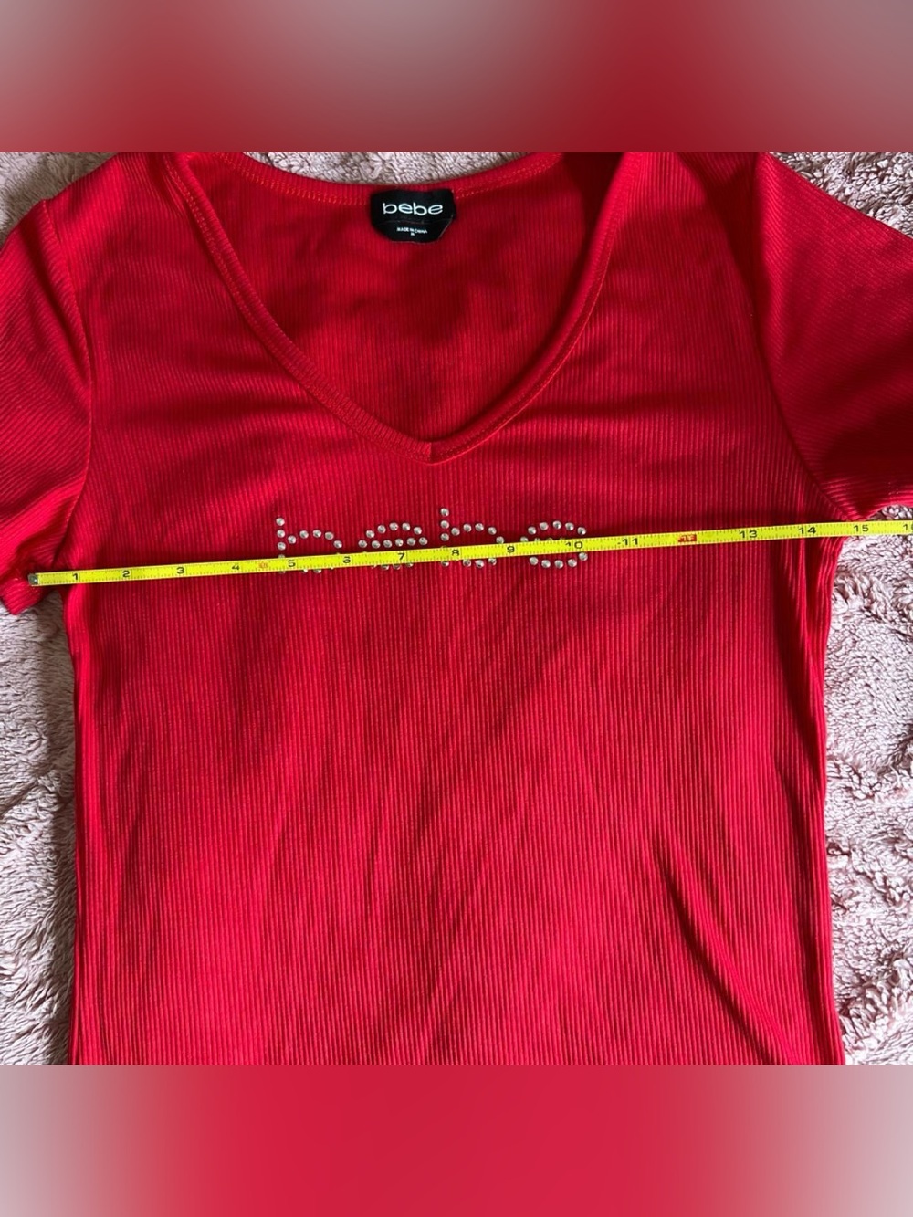 bebe Red Rhinestone Logo Ribbed Short Sleeve Tee - Picture 7 of 7